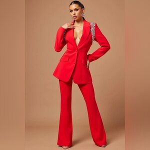 Fashion Nova Vibrant Red Pantsuit with Embellished Shoulders